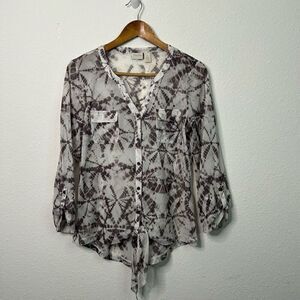 Chico’s Gray White Shibori Spot Tie-Front Sheer Shirt Mesh‎ Women's Size 1 (M)